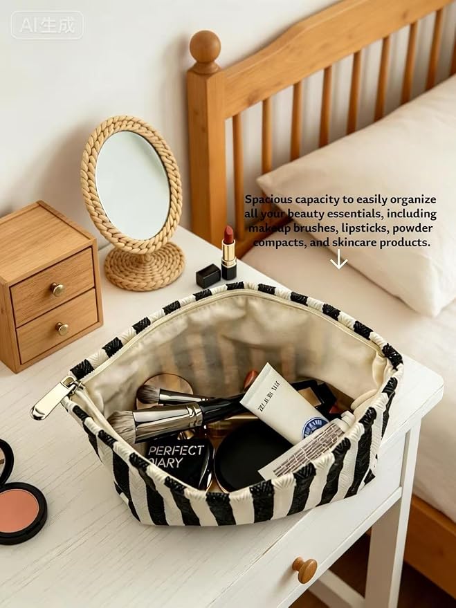 RIKMOXR Large Black White Stripe Makeup Bag - Canvas Lined Cosmetic Toiletry Travel Pouch | Purse Organizer for Women & Girls