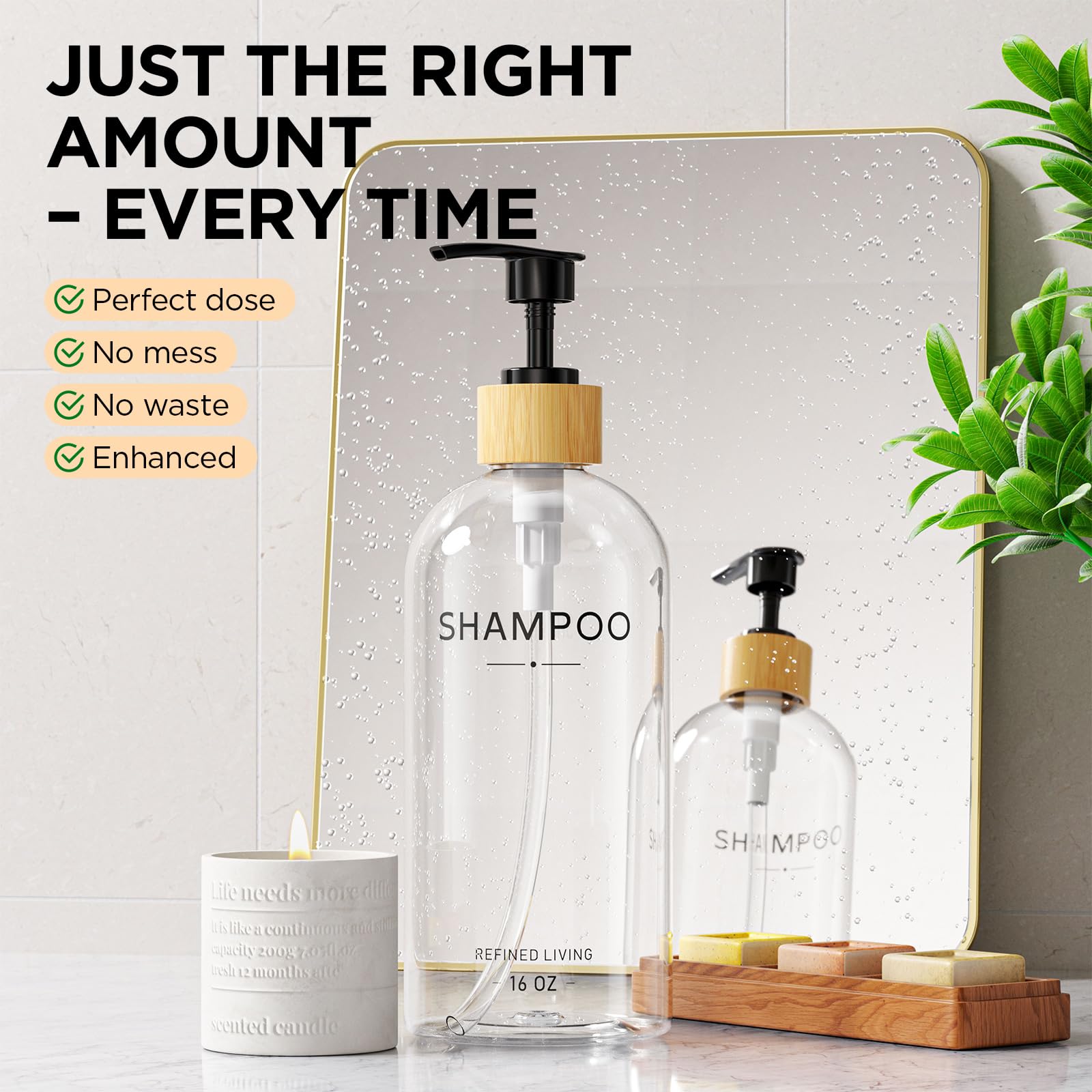 Shampoo and Conditioner Dispenser Set,Shower Soap Dispenser for Bathroom,Refillable Shampoo and Conditioner Bottles with Bamboo Pump and Tray,Soap Dispenser Bathroom for Shower (Transparent, 3-Pack)