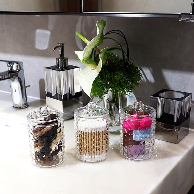 2 Pack Qtip Holder Bathroom Storage Canister for Cotton Ball Cotton Swab Pads Floss, Small Plastic Jars with Lids (Clear, 2 Pack)