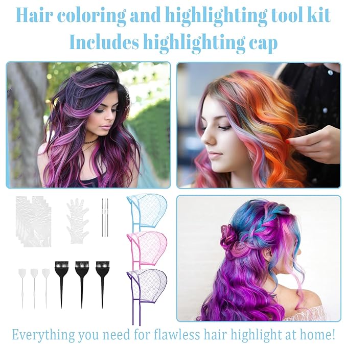 19Pcs Hair Bleach Highlighting Kit with Hair Dye Brush and Bowl Whisk, Highlighting Caps with Hooks, Highlight Hair Coloring Frosting Dye Kit for Salon Hair Dyeing Hairdressing
