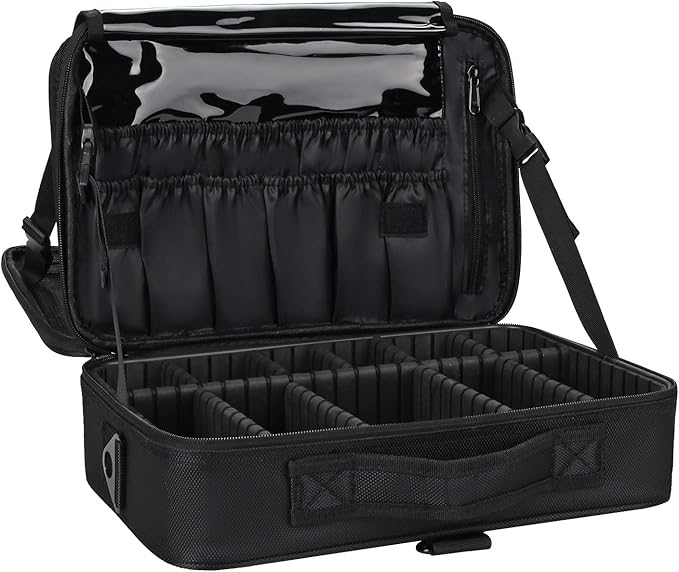Relavel Makeup Bag Travel Makeup Train Case Large Cosmetic Case Professional Portable Makeup Brush Holder Organizer and Storage with Adjustable Dividers and Shoulder Strap Black