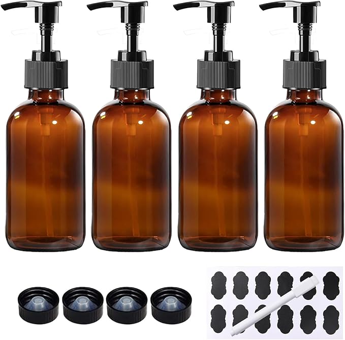 BPFY 4 Pack 8 oz Amber Glass Pump Bottles, Boston Round Bottles with Pumps for Lotion, Soap, Massage Oils, Refillable Containers with Caps