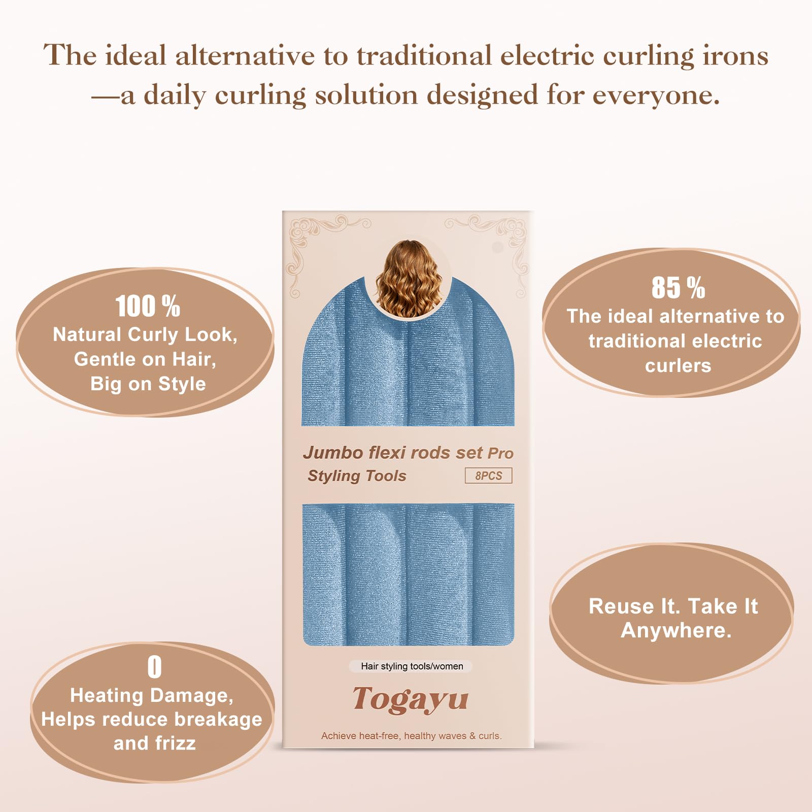 Togayu Heatless Curls Overnight Set for Natural Hair, Comfortable Easy-Lock Rollers, Heat-Free Hair Curlers for Long Textured Hair, 8PCS Blue
