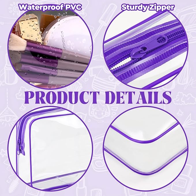 CHICAUP 6 Pieces Clear Makeup Bags Bulk TSA Approved Toiletry Bag for Travel PVC Waterproof Clear Cosmetic Pouch with Zipper for Men and Women Carry-on Travel Essentials (Purple)