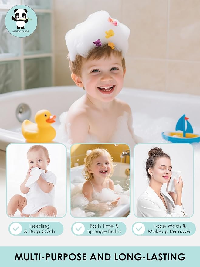 HIPHOP PANDA Baby Washcloths, Rayon Made from Bamboo - 2 Layer Ultra Soft Absorbent Newborn Bath Face Towel - Reusable Baby Wipes for Delicate Skin - White, 6 Pack