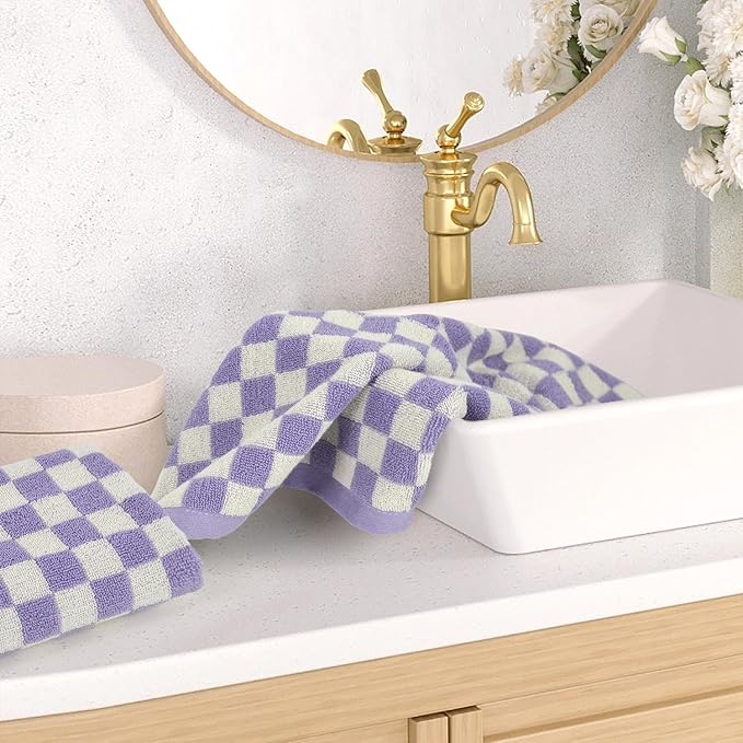 Wash Cloths Checkered 4 Pack (Lilac) - Cotton Washcloths for Face Body