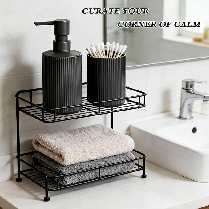 Fooguila Bathroom Set Accessories, Black Soap Dispenser and Toothbrush Holder Complete 2 Piece Plastic Hand Dish Soap Counter Set for Modern Decor