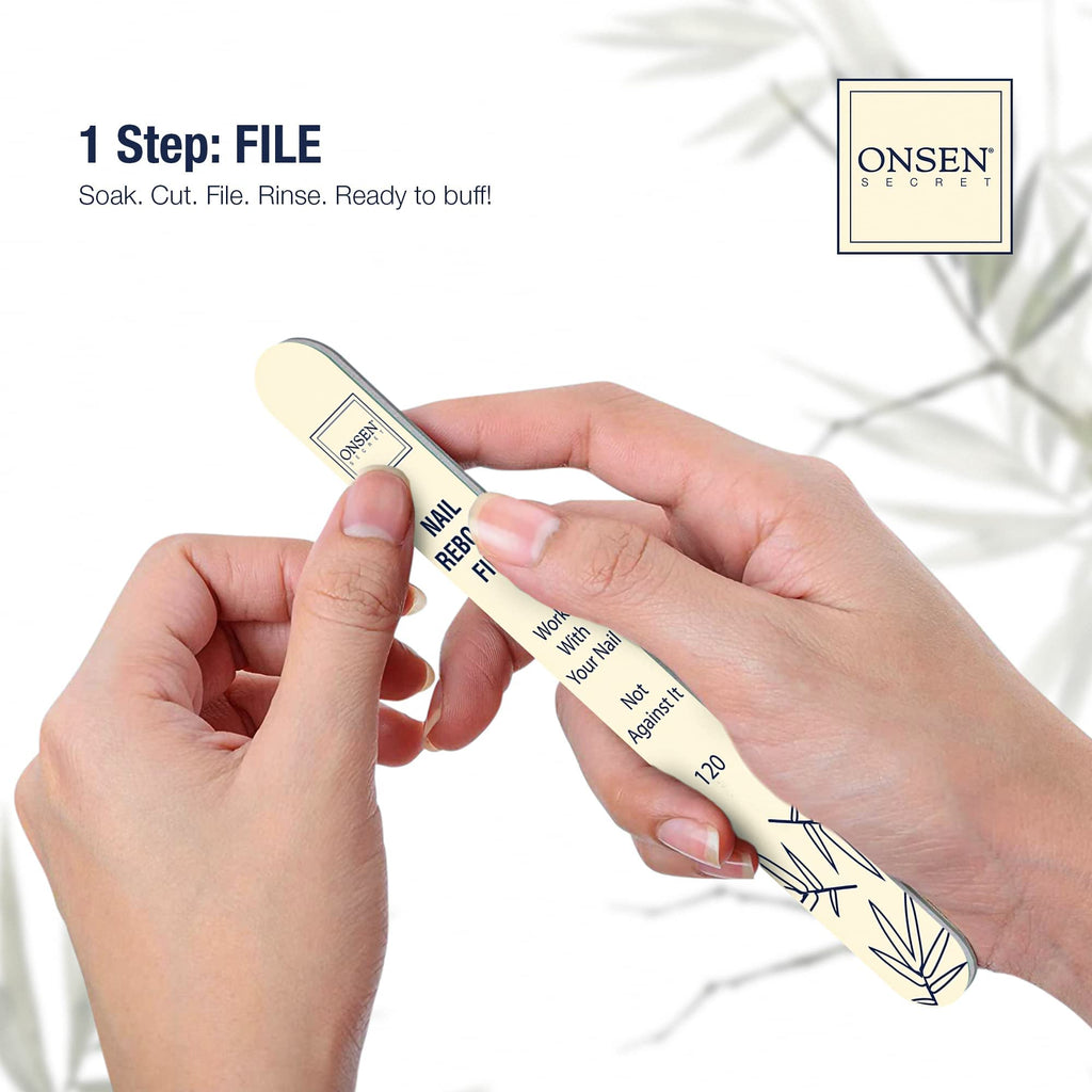 Onsen Secret Japanese Nail Reboot Cuticle Oil Kit | Buffer and Shine Kit w/ Professional File, 3-Way Buffer Block & Free Replacement Pads | Strengthening Combo for Healthy Nails, 1pk