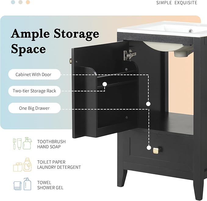 Bellemave 20-inch Solid Wood Bathroom Vanity with Sink, Free Standing Cabinet, Soft Closing Door, Storage Rack, Drawer, Black
