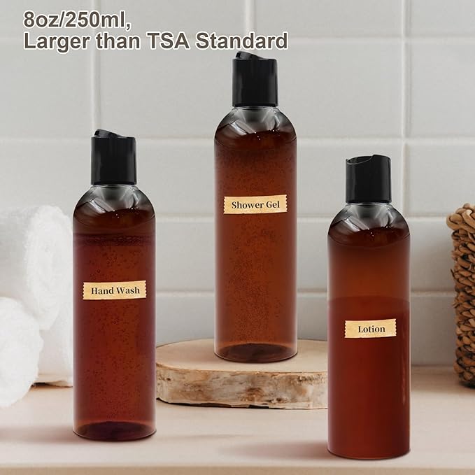 ZLEVEAYN 6 Pack 8 oz Amber Plastic Squeeze Bottles with Black Disc Caps Refillable Empty Travel Containers Bottles for Shampoo Conditioner Toiletries Lotions Oils BPA Free