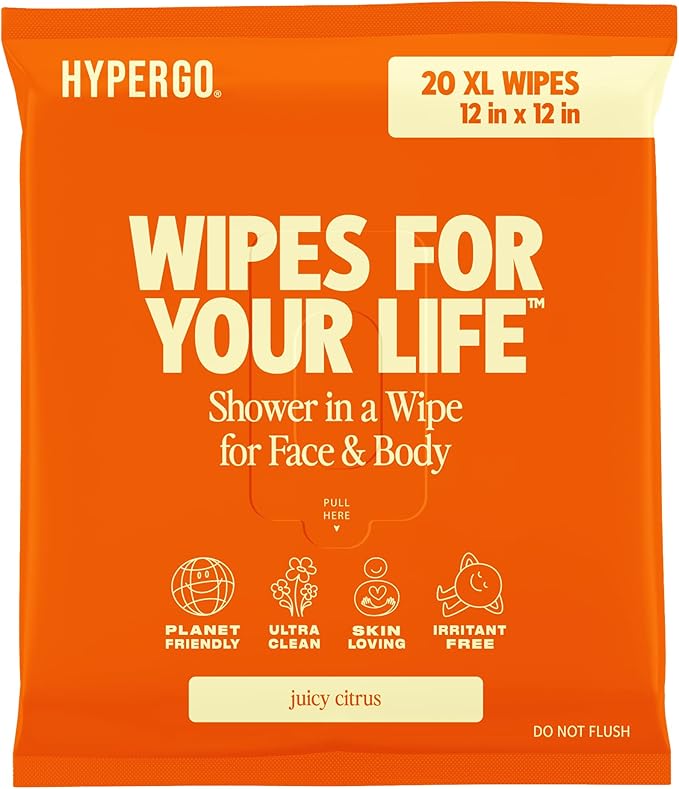 HyperGo XL Body Wipes for Women & Men – 12" x12" Rinse-Free Full Body Cleansing Wipes 20 Count Pack - Mint | Biodegradable, Hypoallergenic, Aloe-Infused | Gym, Festival, Camping Essentials