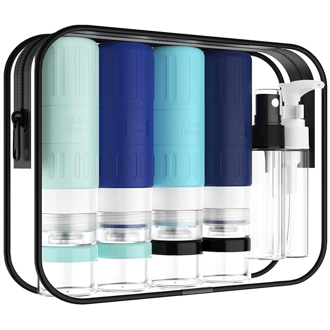 GLAMFIELDS Travel Bottles for Toiletries,TSA Approved 3.3oz Size LeakProof Silicone Toiletry Containers for Shampoo, Conditioner,Easy to Squeeze，Portable Travel Essentials for Lotion(18 Pack) Blue