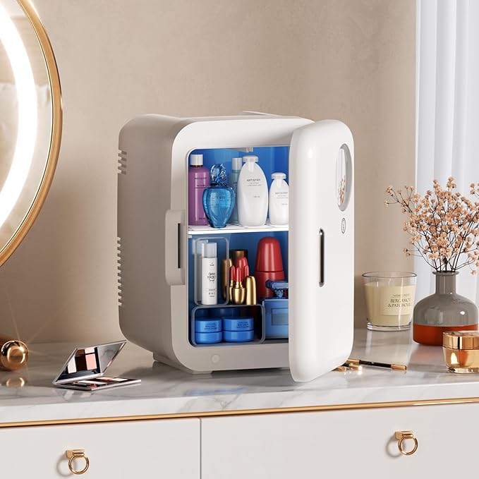 JrostKault Mini Fridge for Bedroom, 4L/6 Cans Small Cosmetic Fridge for Skincare, Makeup & Drink, With LED Light Mirror, Portable Desk Fridge Cooler and Warmer for Kids, Car, Office, Dorm, White