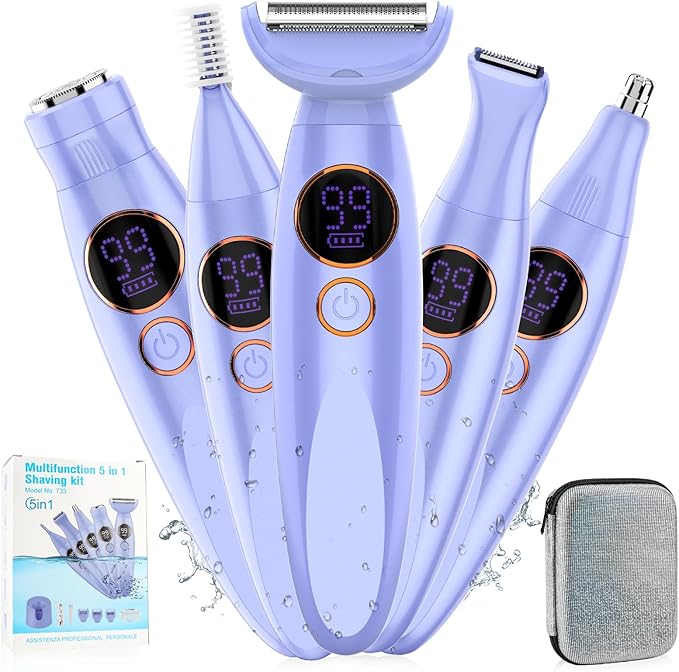 5 in 1 Bikini Trimmer for Women,IPX7 Waterproof Cordless Replaceable Pubic,Eyebrow,Facial Electric Razors&Nose Hair Trimmer&Painless Body Shaver for Arms Legs Underarms,USB Charge,LED Display,Wet&Dry