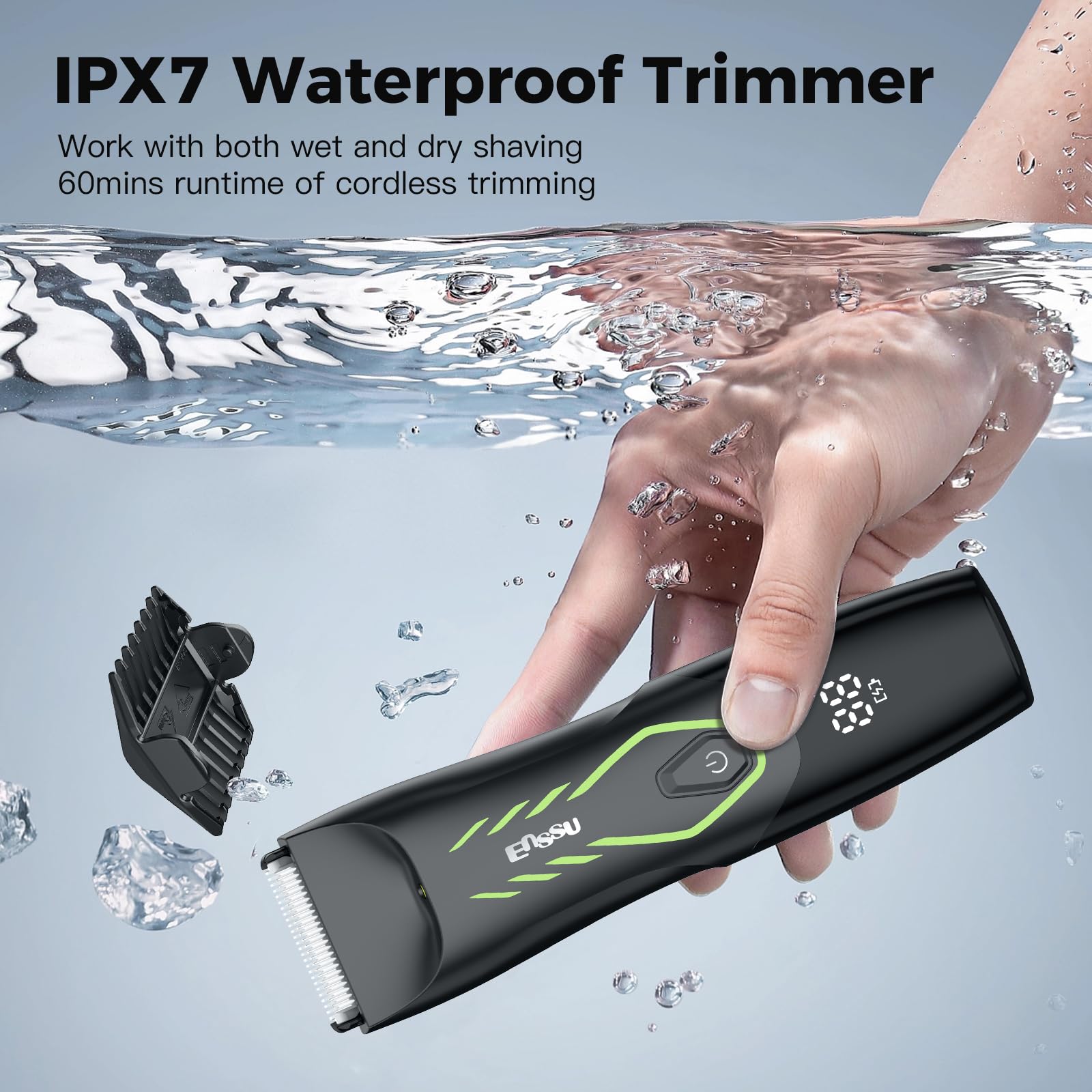 ENSSU Manscape Body Hair Trimmer for Men, Pubic Groin Hair Trimmer for Men with Safe Blade, Cordless Ball Shaver w/Light, Charging Dock, Waterproof Body Groomer Man, LED Display, 1H Charge,Green