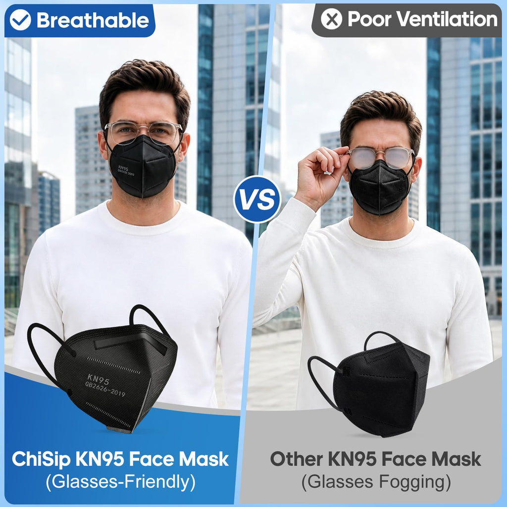 ChiSip KN95 Face Masks for Adults, 5-Ply Disposable Masks, Black 60 Packs