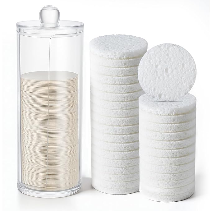 Oqqlin 120 Pcs Compressed Facial Sponges with Container, Disposable Round Face Sponge Pads Portable Makeup Removal Wash Sponges for Women Cleansing Makeup Spa (White)