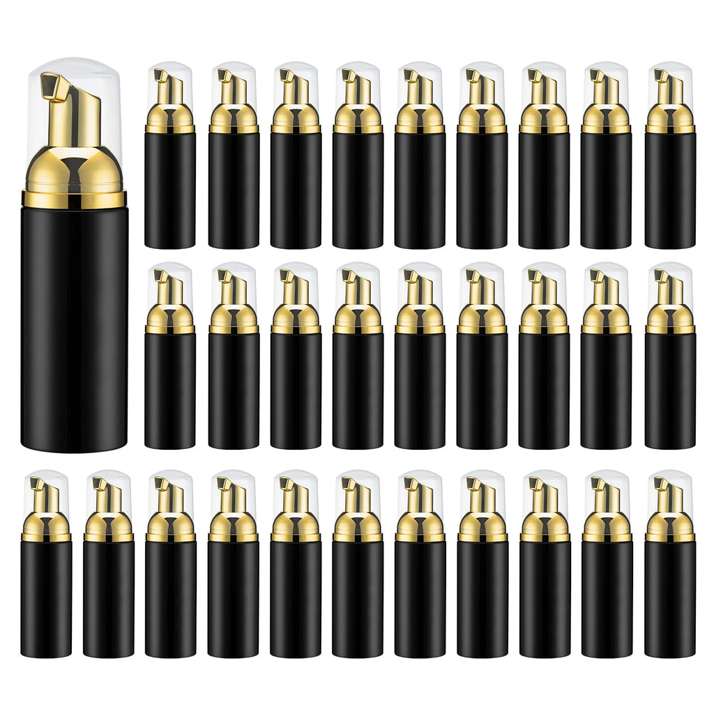 Owlyee Travel Foam Pump Bottle - 2oz Small Size Foaming Hand Soap Dispenser - Mini Portable Mousse Lash Shampoo Kit Container for Hair - Empty Leak Proof Plastic Gold&Black Foamer 30Pack