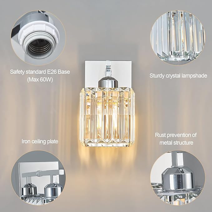 Modern Wall Sconce Set of Two Indoor Wall Lamp Chrome Wall Sconces Crystal Wall Light Bathroom Vanity Light Fixtures Wall Mounted Room Sconce Wall Lighting