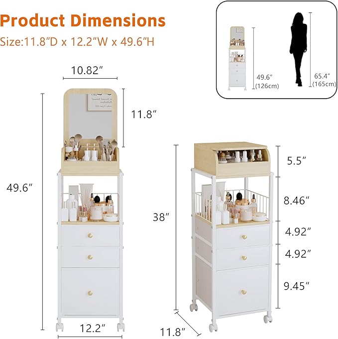 Makeup Cart Organizer with Mirror-Floor Makeup Organizer Cart with Drawers