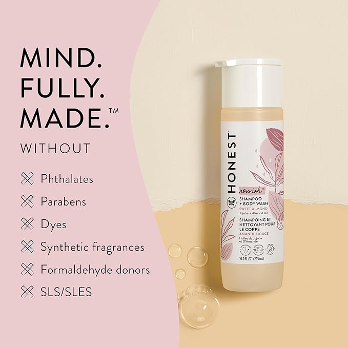 The Honest Company 2-in-1 Cleansing Shampoo Body Wash Gentle for Baby, Naturally Derived Tear-free Hypoallergenic Sweet Almond Nourish 10 fl oz
