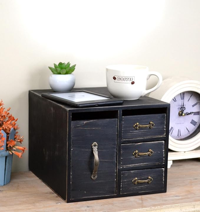 Juleduo Rustic Beauty Organizer 4 Drawers - kitchen storage Wooden Cosmetic Storage Box for Neat & Home Office Desk &Organize &Storing of Makeup Tools,Bathroom Counter-top(Black, L)