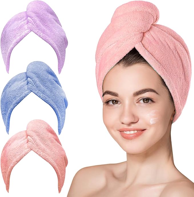 3 Pack Microfiber Hair Towel Wrap for Women, Fast Drying Hair Turban with Button, Anti-Frizz Large Hair Towel for All Hair Styles, Soft & Absorbent Hair Drying Towel(Bule,Purple,Orange)