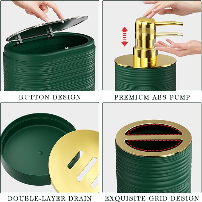 InnJoey Bathroom Set, 10PC Bathroom Accessory Set, Green Bathroom Accessories, Green and Gold Bathroom Set with Trash Can, Soap Dispensers