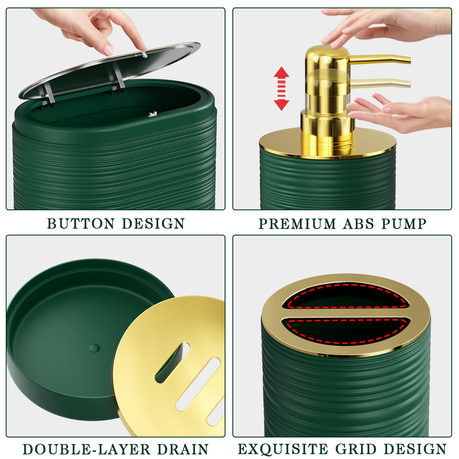 InnJoey Bathroom Set, 10PC Bathroom Accessory Set, Green Bathroom Accessories, Green and Gold Bathroom Set with Trash Can, Soap Dispensers