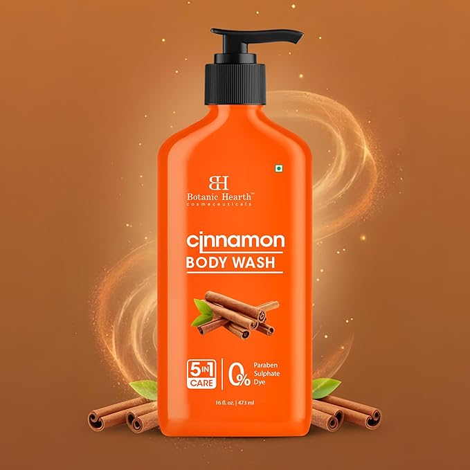 Botanic Hearth Cinnamon Body Wash – Invigorating 5-in-1 Shower Gel with Natural Cinnamon Extract, Hydrating Cleanser for All Skin Types, Sulfate & Paraben Free – 16 fl oz