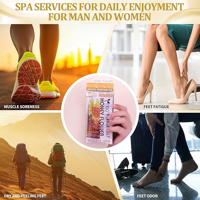 nbc BeautiLab Pedicure Kit Foot Soak Set: Bubble Salt, Sugar Scrub, Massage Mask, Massage Lotion in a Box, 4 Step Foot Spa Kit for Dry Feet,Tired Feet (3 Set Honey flower)