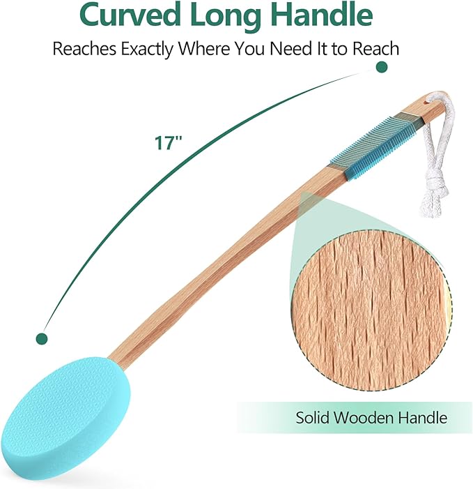 Svarvns Lotion Applicator With 4 Replaceable Pads for Back, Self, Elderly, Women - Sunscreen and Cream Applicator With 17" Curved Handle for Easy Targeting of Back and Feet, Blue