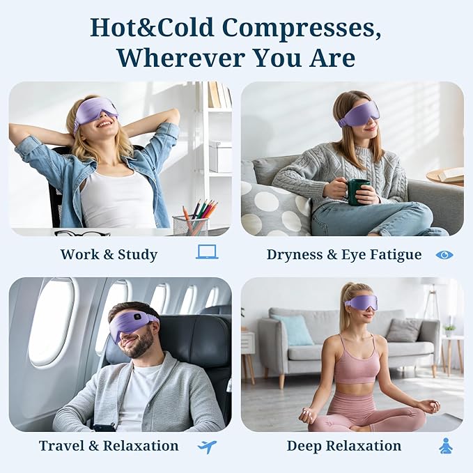 100% Silk Wireless Heated Eye Mask with Cooling, Relieves Dry Eye Syndrome and Puffy, Reduces Dark Circles, Adjustable Velcro Design and Washable Cover, Suitable for Travel & Gifts-Purple.