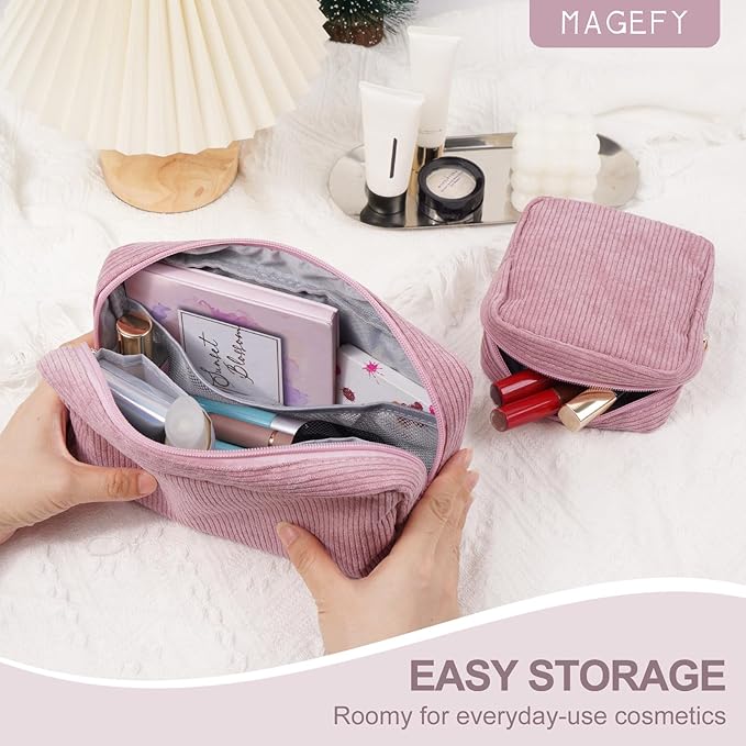 MAGEFY Makeup Bag for Purse, 2 Pcs Corduroy Cosmetic Bag for Women Small Travel Makeup Pouch with Zipper(Pink)