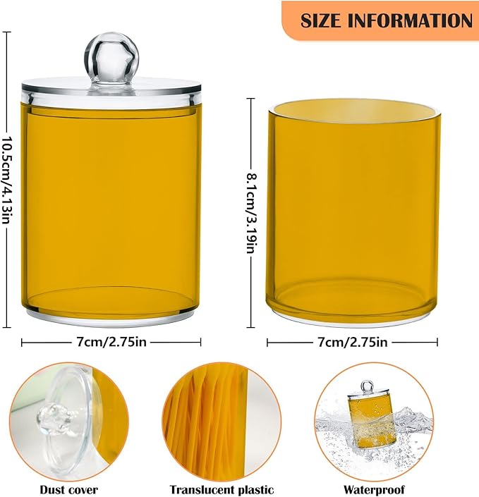 Mustard Yellow Qtip Holder Organizer Dispenser Cotton Swabs Cans Plastic Jars with Lid Set 2 Pack Bathroom Storage Canister for Cotton Ball Floss Cotton Pads