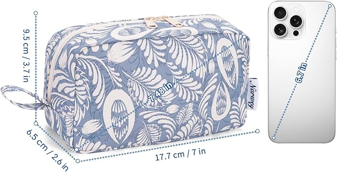 Narwey Makeup Bag, Mini Makeup Pouch with Zipper, Organized Pockets for Women (Blue Leaf, Small)