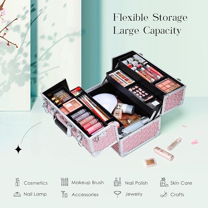 Joligrace Makeup Train Case Professional Cosmetic Organizer Aluminum Storage Box with 4 Adjustable Dividers Trays Lockable Portablewith Shoulder Strap - Neutral Pink