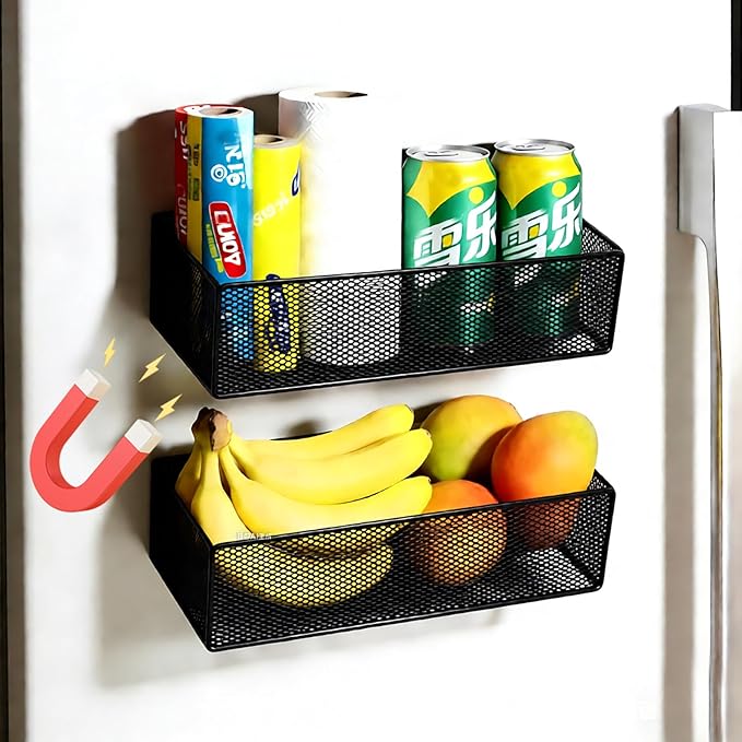 Magnetic Basket Organizer Holder for Fridge，Magnetic Shelf for Washing Machine， Magnetic Mesh Basket, Black Rectangular Steel Shelf Organizer, 10.43 x 4.92 x 3.15 Inches (Black , 2pack)
