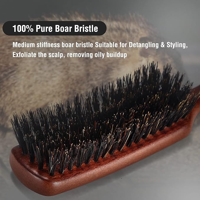 Hair Brush for Men Fine Straight Wavy Hair, Boar Bristle Hair Brush for Add Shine Improve Texture Reduce Frizz, Hairbrush for Beard Straightens Softens