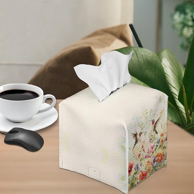 Bird Flowers Luxury Tissue Box Cover, Elegant PU Leather Square Tissue Case with Metal Button, Waterproof and Dustproof Napkin Holder for Home Decoration, Office, and Car Accessories