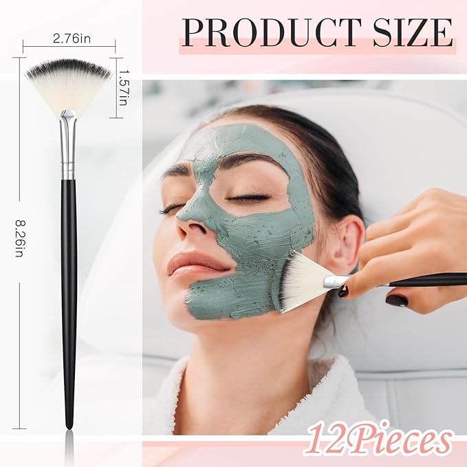 Ziliny 12 Pcs Soft Facial Fan Brush Blush Makeup Brush Face Mask Acid Applicator Multi Use Cosmetic Tools for Peel Mask Makeup for Mud Cream(Black Silver)