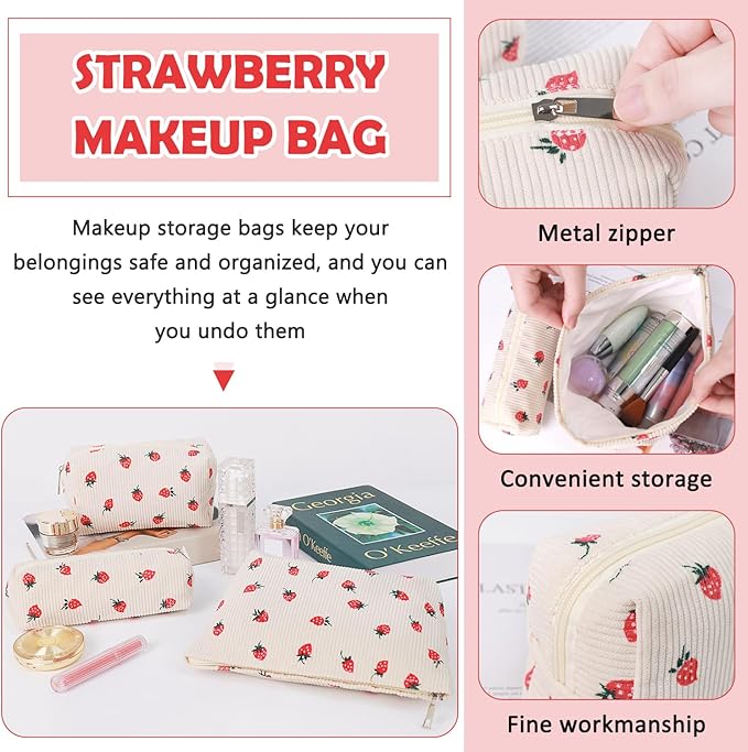 Gocvo 3 Pcs Makeup Bag Cosmetic Bag Set for Girls Women Travel Organizer Bathroom Toiletry Pouch Large Capacity Storage Bag (Strawberry Beige)