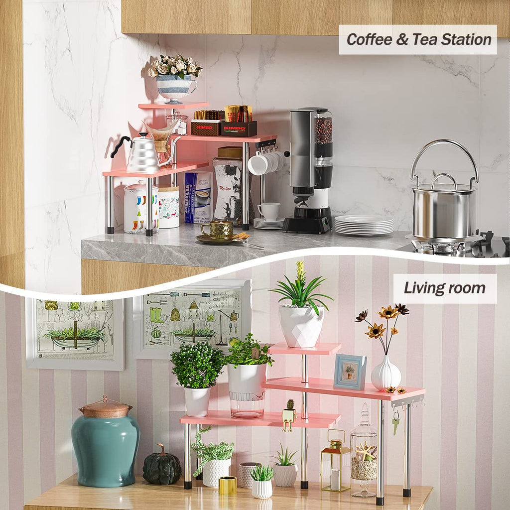 ZHWS Bathroom Counter Organizer Corner Shelf – Bathroom Organization Bamboo 3 Tier Spice Rack Makeup Organizer Bookshelf Space Saving Rack Kitchen Office Living Room (Pink)