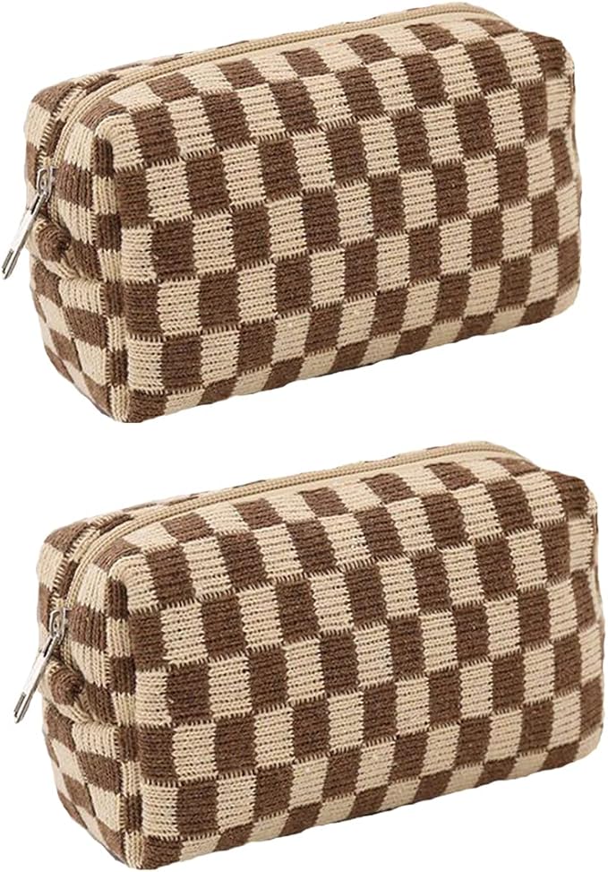 SxoSyo 2 Pcs Cosmetic Bags, Checkered Brown