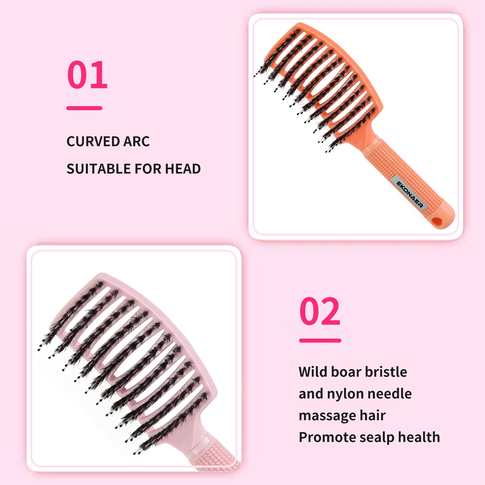 EKONAER 3 Pack Vented Quick Drying Massage Blow Detangler Brush,Boar Bristle Hair Brush Set-Curved,Detangling Hair Brush for Women Long,Thick, Thin, Curly(Green)