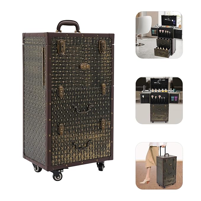 Beauty Salon Luggage,Rolling Lockable Makeup Train Case Hairdressing Trolley Stylist Beauty Salon Cosmetic Luggage Travel Organizer Tool Box with Hair Dryer Holder (Bronze)