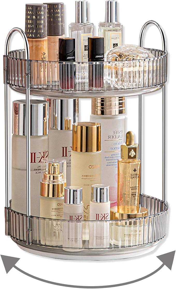 Asayuee 360 Rotating Makeup Organizer,2 Tier Large Capacity Make Up Organizers and Storage,Skincare Perfume Vanity Organizers,Bathroom Cosmetics Storage Organizer Countertop(Clear)