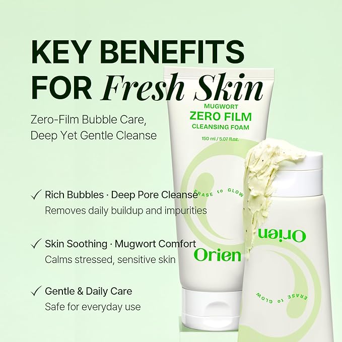 Orien Mugwort Zero Film Cleansing Foam 5.07 fl.oz, 150ml ㅣDaily Makeup Blackhead Removal No pore clogging Korean skincare double cleansing