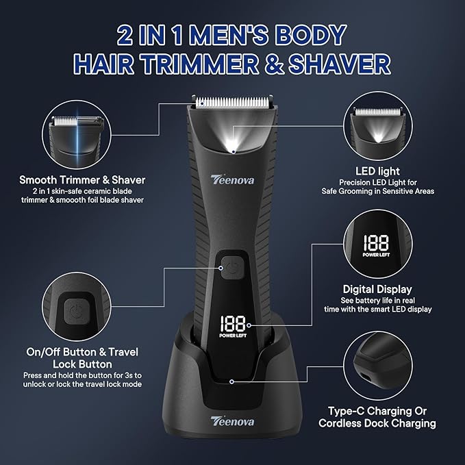 TEENOVA Pubic & Body Hair Trimmer for Men, 2 In 1 Electric Ball Groin Razor Shaver with Ceramic Blade, No Nick Mens Grooming Kit for Wet/Dry Use, Cordless Charging Body Groomer with Led Display, Black
