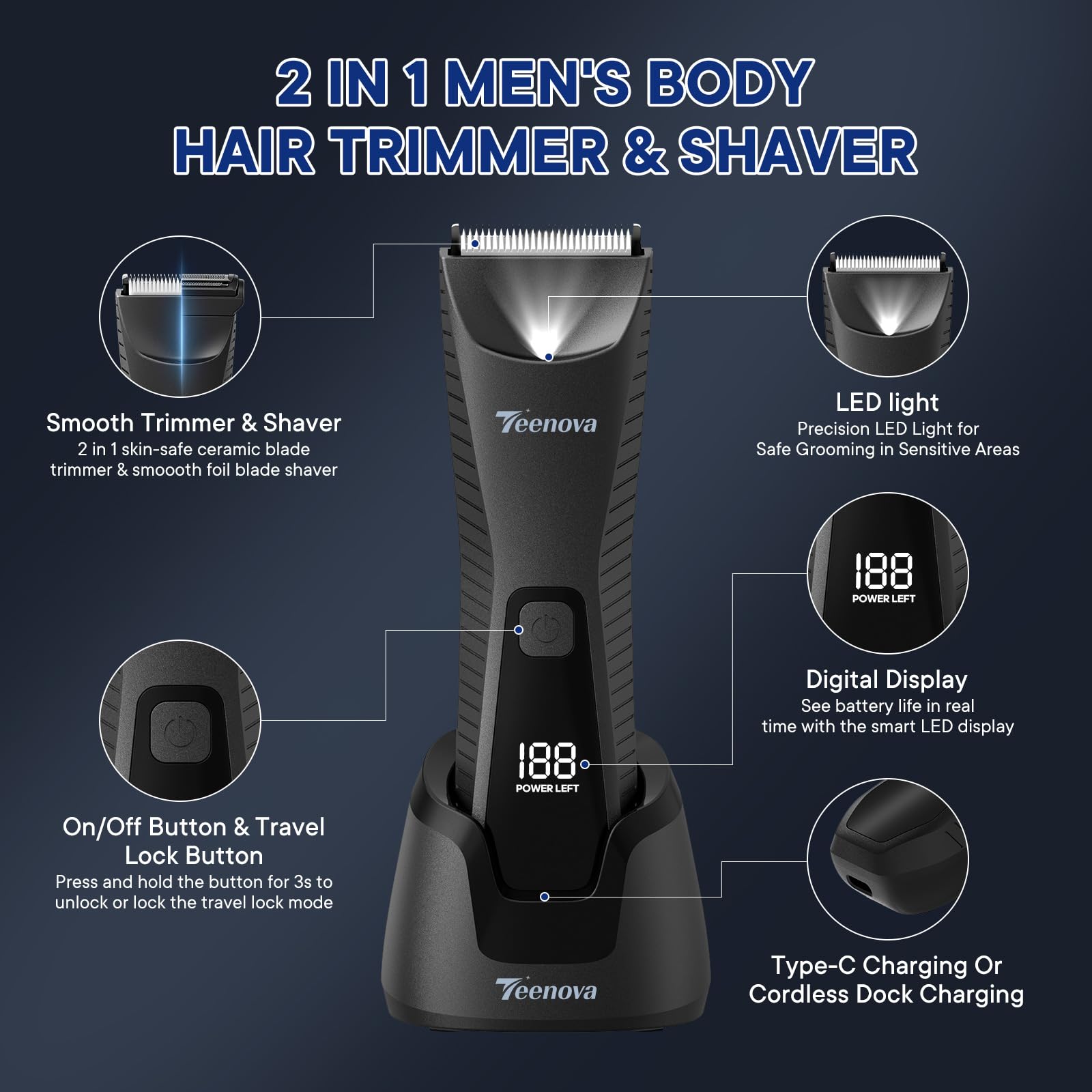 TEENOVA Pubic & Body Hair Trimmer for Men, 2 In 1 Electric Ball Groin Razor Shaver with Ceramic Blade, No Nick Mens Grooming Kit for Wet/Dry Use, Cordless Charging Body Groomer with Led Display, Black